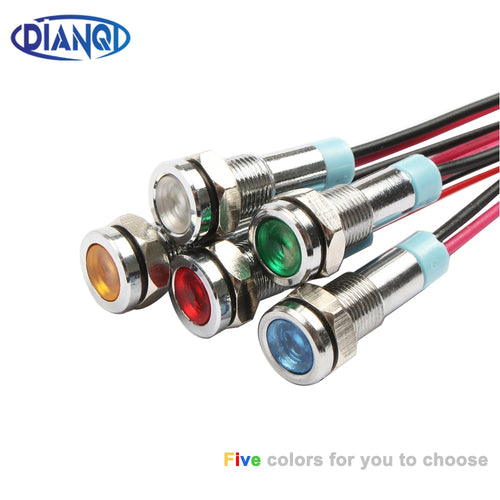 6mm LED Metal Indicator light 6mm waterproof Signal lamp 6V 12V 24V 220v with wire red yellow blue green white 6ZSD.X